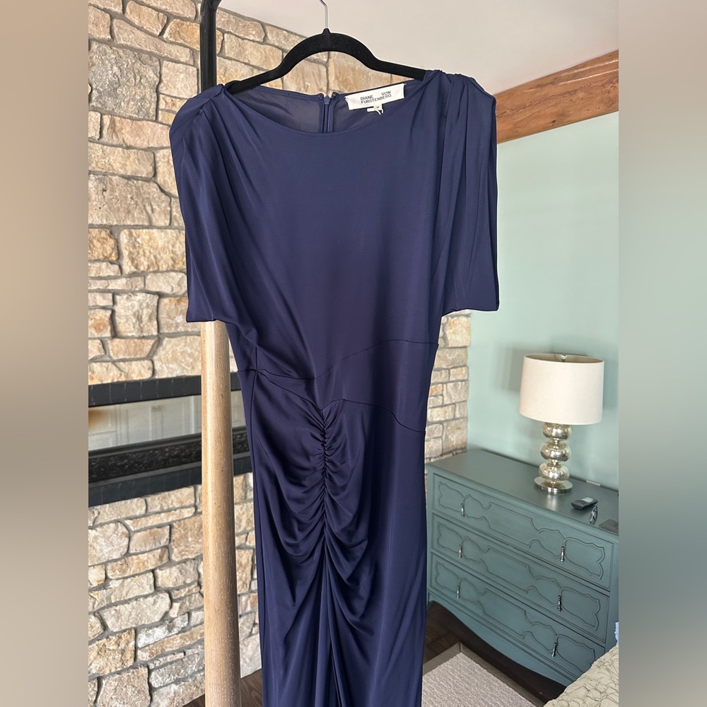 Diane Von Furstenberg Gertrude Navy Ruched Dress Med